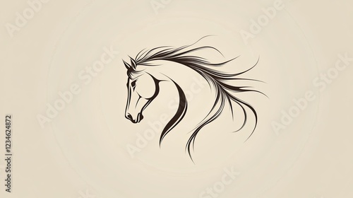 Elegant horse head design, beige background, flowing mane, logo template