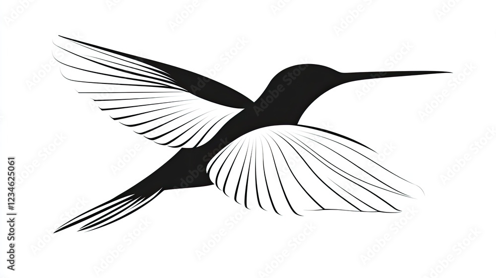 Naklejka premium Stylized black hummingbird in flight, detailed wings, isolated on white background.