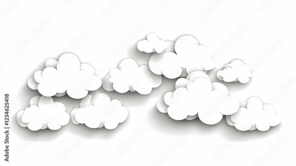 Paper cloudscape, white background, design element, website banner Paper cloudscape, white background, design element, website banner