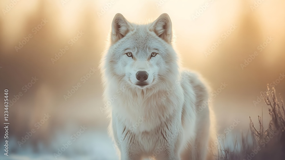 Obraz premium Majestic Arctic wolf at sunset, serene and powerful. A winter wonderland scene.