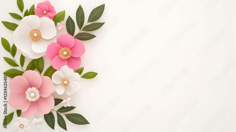 Naklejka premium Paper flowers, spring design, white background, greeting card