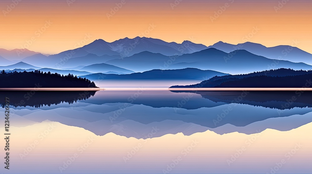 Fototapeta premium Serene sunrise over a calm lake reflecting majestic mountains.