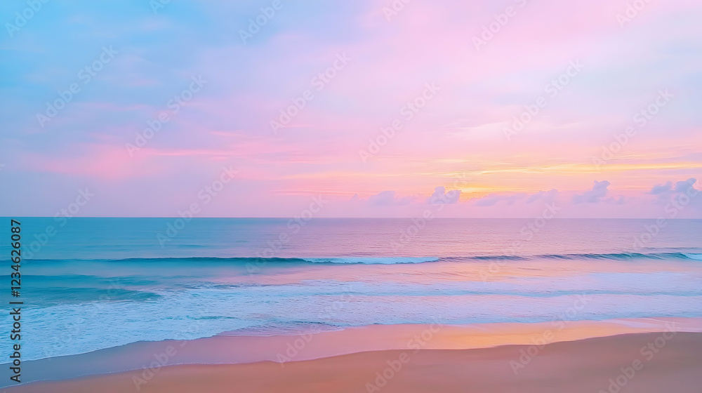 Pastel sunset over ocean beach; tranquil waves, calm sky; perfect for travel, relaxation themes Pastel sunset over ocean beach; tranquil waves, calm sky; perfect for travel, relaxation themes