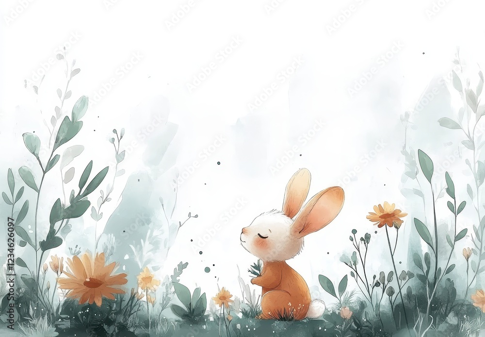 Obraz premium Adorable illustration of a small bunny sitting amidst a field of yellow and green flowers. Soft watercolor style, light background