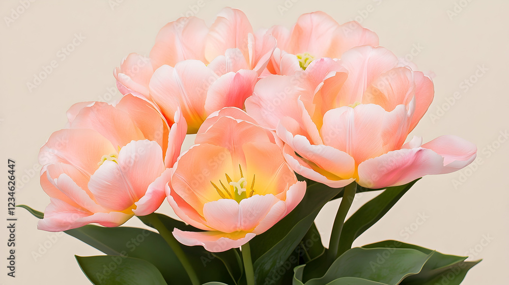 Peach tulips bouquet, spring flowers, close-up studio shot, pale background, floral arrangement, greeting card Peach tulips bouquet, spring flowers, close-up studio shot, pale background, floral arrangement, greeting card