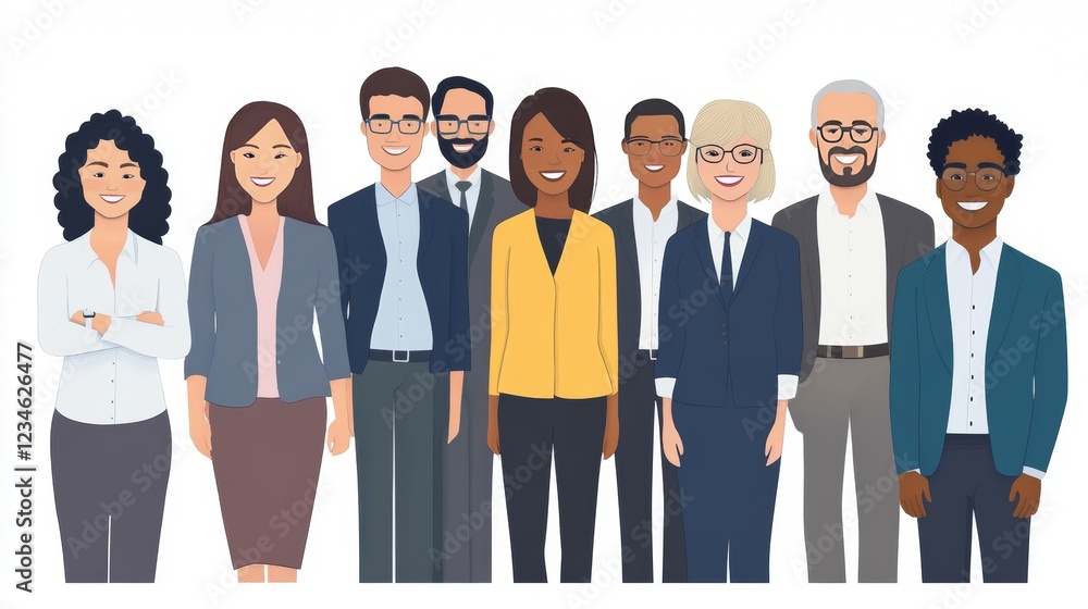 Obraz premium A group of colleagues stand together and smile at the camera. They are proud of their success and work well together. The team is diverse, with people from different backgrounds.