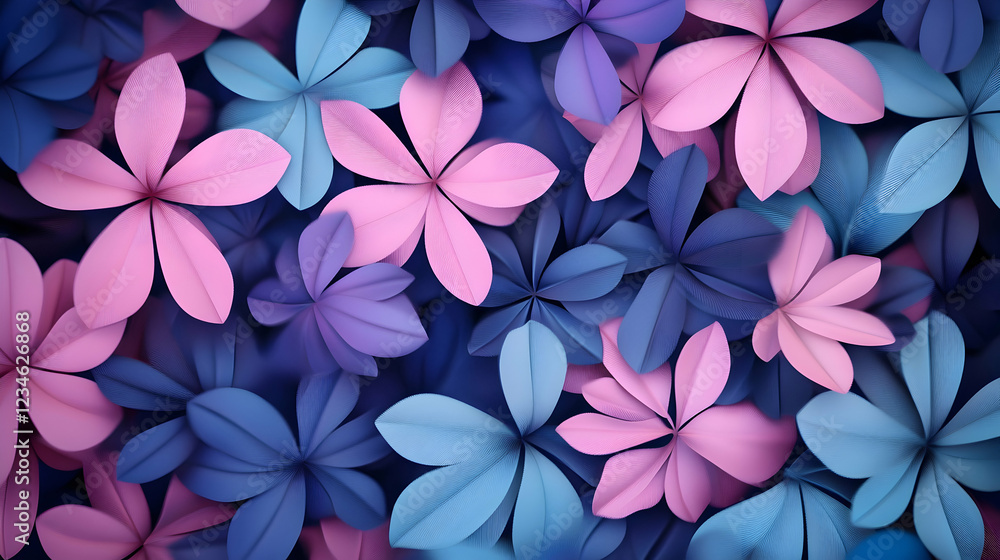 Pink and blue paper flowers background, nature-inspired design, perfect for greeting cards or website banners Pink and blue paper flowers background, nature-inspired design, perfect for greeting cards or website banners