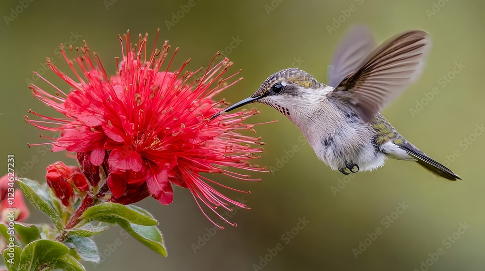 Naklejka premium Tiny Hummingbird sips nectar from a vibrant red flower, wings slightly blurred, delicate moment.