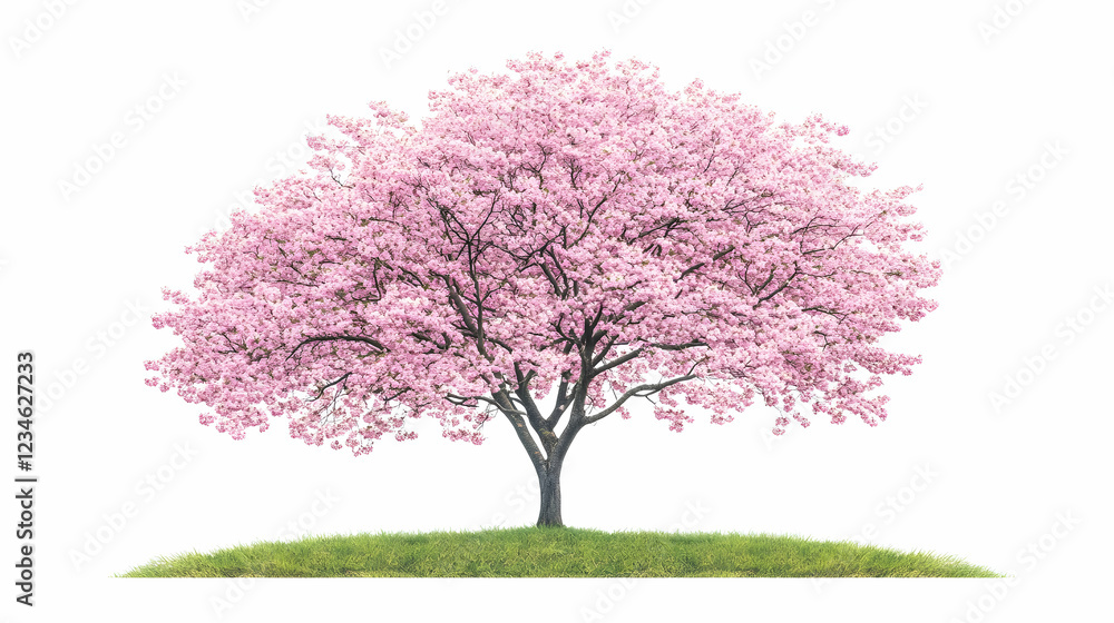 Pink cherry blossom tree on a small hill, isolated on white background; springtime nature scene, ideal for cards or websites Pink cherry blossom tree on a small hill, isolated on white background; springtime nature scene, ideal for cards or websites
