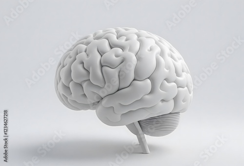 White 3D rendering of a human brain on a minimalist gray background, highlighting the intricate details of its structure and form.