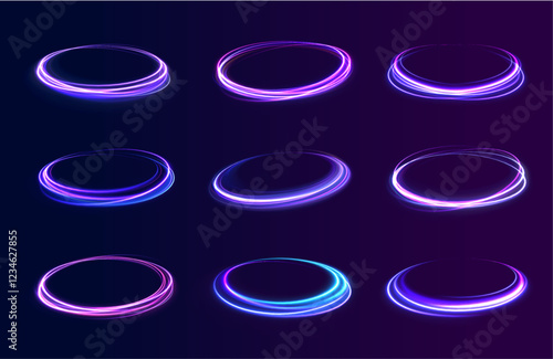 neon circle ring frame & sparkle flash light star shimmer vector on black background, shiny glowing metal white grey round line planet curve. Png, effect, wave,neon,line, futuristic web poster card pr