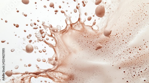 Chocolate milk splashes and bubbles in different shapes and sizes on a white background.