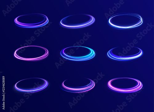 neon circle ring frame & sparkle flash light star shimmer vector on black background, shiny glowing metal white grey round line planet curve. Png, effect, wave,neon,line, futuristic web poster card pr