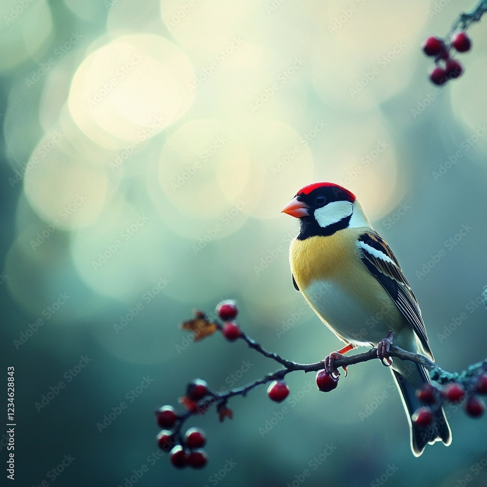 Bird perched on a branch with red berries against a soft, blurred background at dawn Bird perched on a branch with red berries against a soft, blurred background at dawn