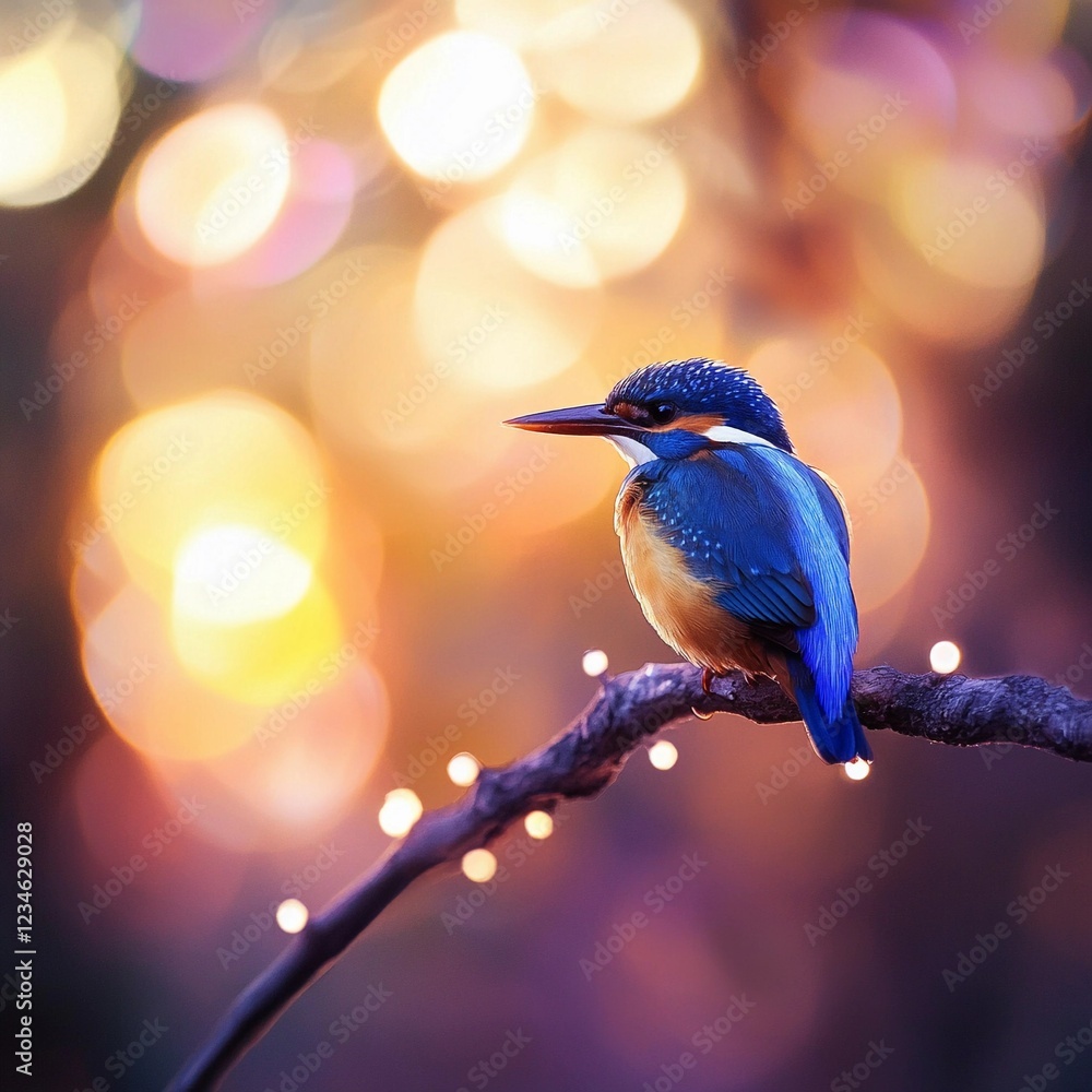 Obraz premium Colorful kingfisher perched on a branch against a dreamy bokeh background during twilight