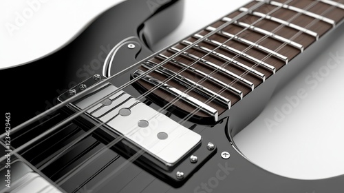 Close up detail of a black electric guitar, showcasing its polished body, metallic hardware, and fretboard. The image features a high contrast
