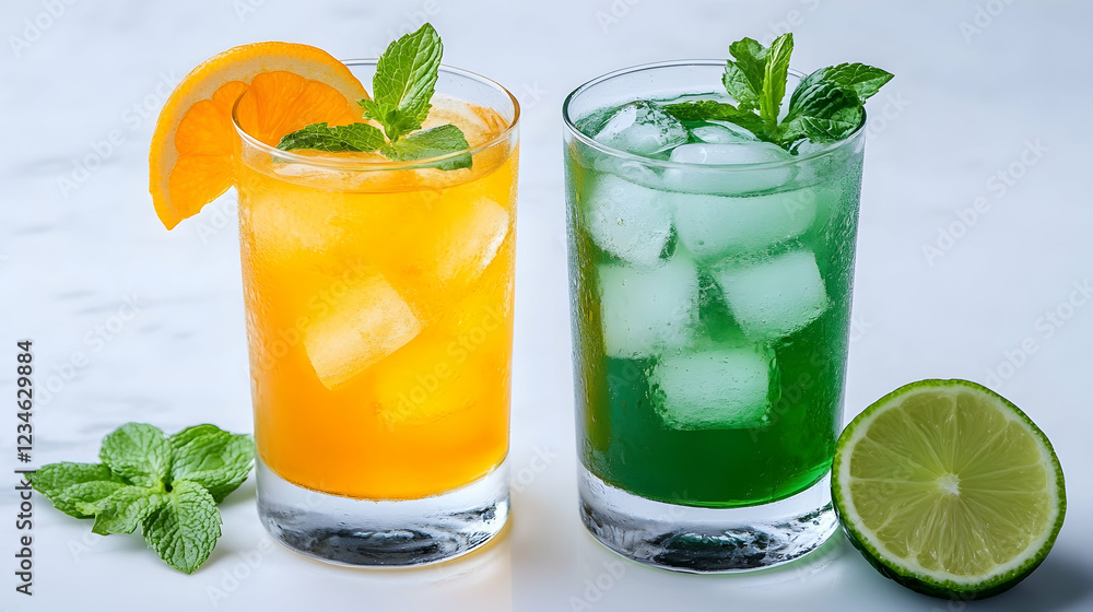 Refreshing orange and green iced drinks with mint on marble. Perfect for summer menus Refreshing orange and green iced drinks with mint on marble. Perfect for summer menus