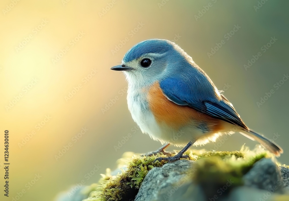 Small blue and orange bird perched on mossy rock, illuminated by warm golden light, soft focus background Small blue and orange bird perched on mossy rock, illuminated by warm golden light, soft focus background