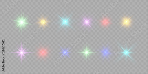 Sun flush with raos or gold spotlyght and boke. Gold lance flares network. Yellow glowing light burst and transparent back ground. Lights flare, star flash light, white sun rays, png. 
