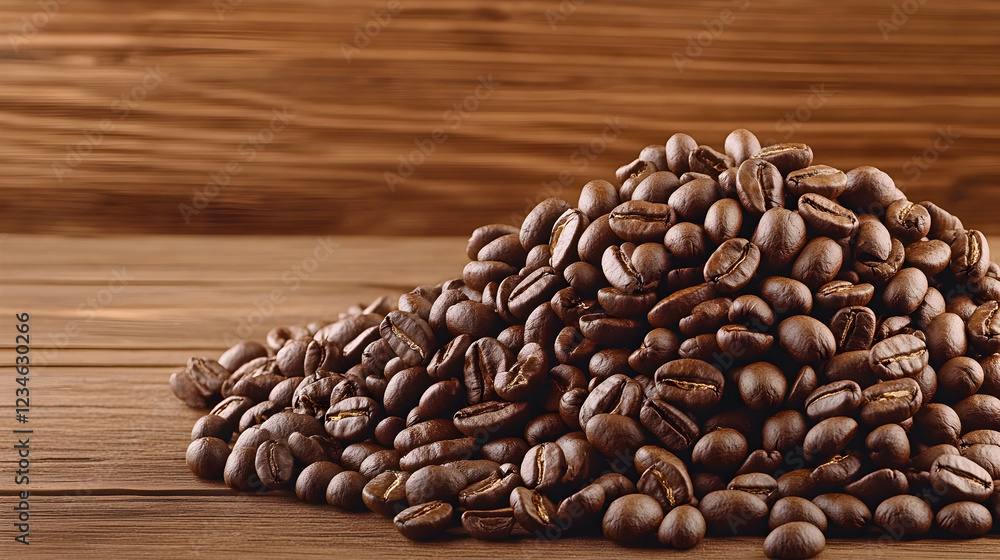 Fototapeta premium Roasted coffee beans on wood, rich aroma, dark brown background, ideal for cafe menu or packaging