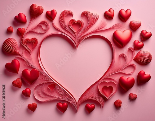 A soft pink background adorned with red heart-shaped decorations.