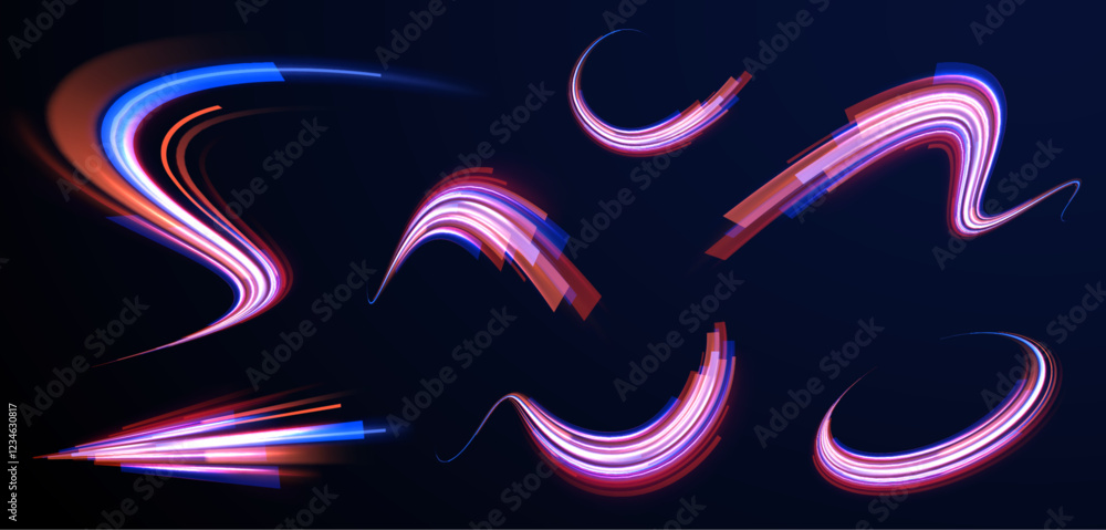 Fototapeta premium Creative vector illustration of flying cosmic meteor, planetoid, comet, fireball isolated on transparent background. Effect, png, wave,neon,line. Light arc in neon colors, in the form of a turn. 