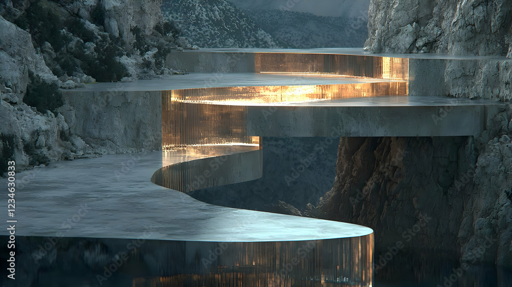 Futuristic cliffside structure, glowing interior, mountain backdrop; architectural design visualization Futuristic cliffside structure, glowing interior, mountain backdrop; architectural design visualization