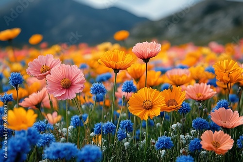 Wallpaper Mural Colorful flowers bloom in field, mountains behind. Nature stock photo Torontodigital.ca