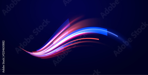 Creative vector illustration of flying cosmic meteor, planetoid, comet, fireball isolated on transparent background. Effect, png, wave,neon,line. Light arc in neon colors, in the form of a turn. 