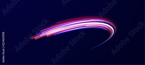 Creative vector illustration of flying cosmic meteor, planetoid, comet, fireball isolated on transparent background. Effect, png, wave,neon,line. Light arc in neon colors, in the form of a turn. 