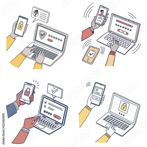 Characters' hands holding smartphones, and laptops and typing two-factor authentication codes, and pins to verify their ID and security access vector illustration.