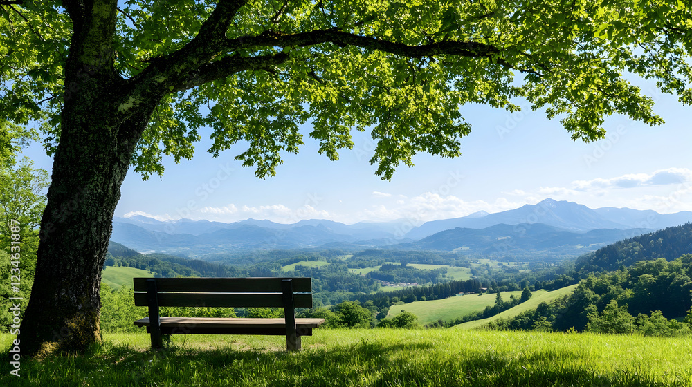 Serene mountain view from park bench under tree shade Serene mountain view from park bench under tree shade