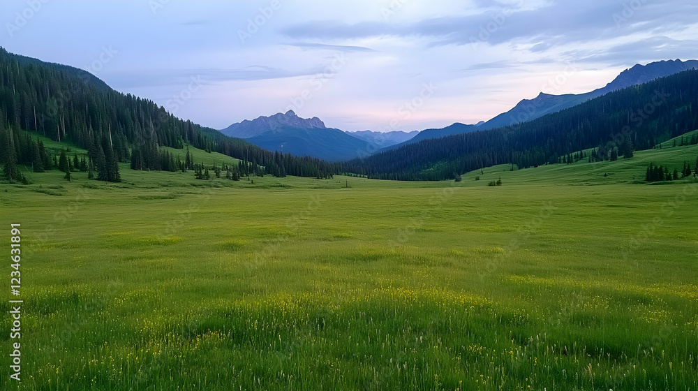 Serene mountain valley meadow at dusk; tranquil landscape ideal for travel brochures Serene mountain valley meadow at dusk; tranquil landscape ideal for travel brochures