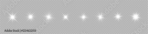 Light effect set. Isolated white transparent light effect set, lens flare, explosion, dust, line, sun flash, spark and stars, spotlight, curve twirl, png. Sunlight, abstract special effect. 