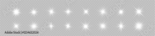 Light effect set. Isolated white transparent light effect set, lens flare, explosion, dust, line, sun flash, spark and stars, spotlight, curve twirl, png. Sunlight, abstract special effect. 