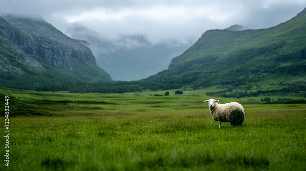 Sheep grazing in lush green valley, mountains background, peaceful rural scene, idyllic nature imagery Sheep grazing in lush green valley, mountains background, peaceful rural scene, idyllic nature imagery