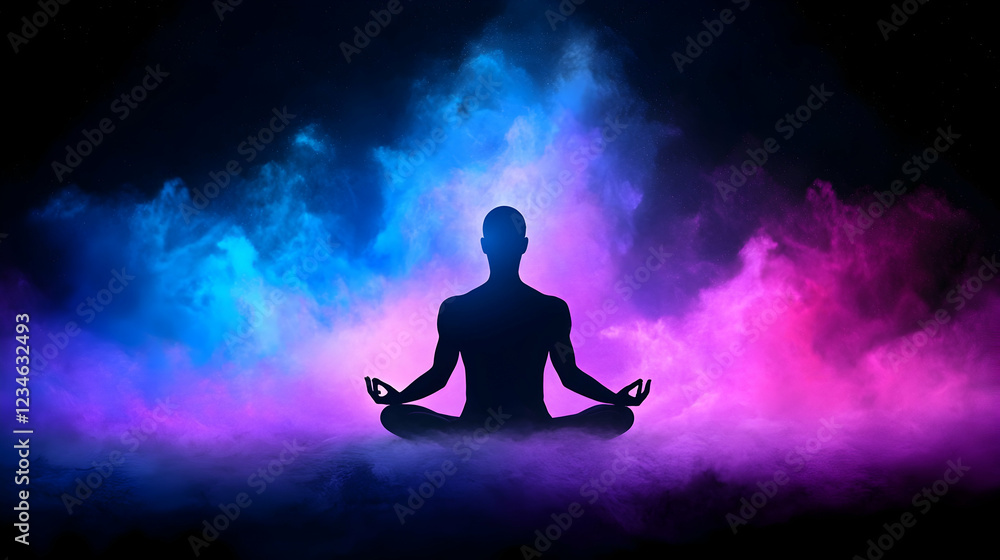 Silhouetted person meditating amidst colorful smoke, peaceful spiritual scene, ideal for mindfulness or yoga websites Silhouetted person meditating amidst colorful smoke, peaceful spiritual scene, ideal for mindfulness or yoga websites
