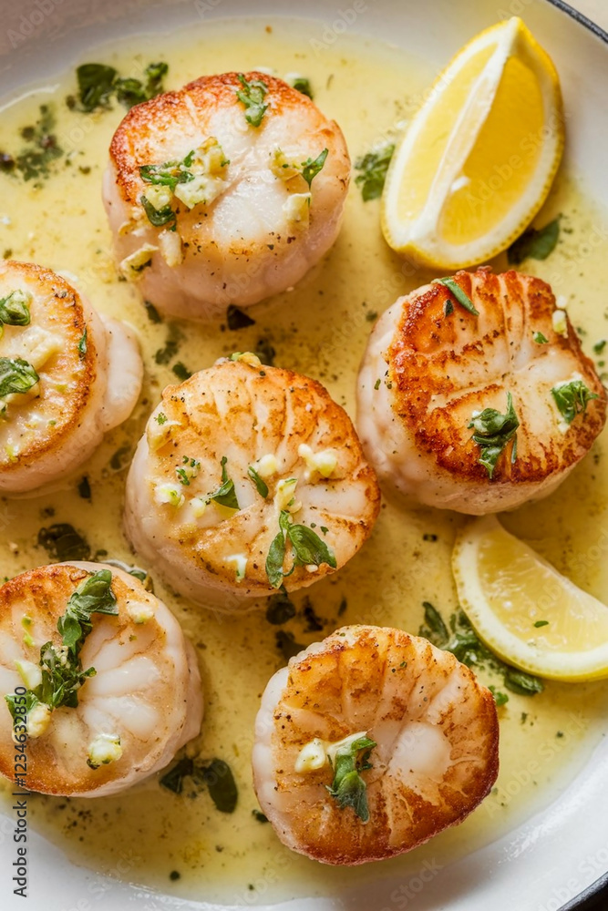 Fried scallops with lemon sauce and on a white plate Fried scallops with lemon sauce and on a white plate
