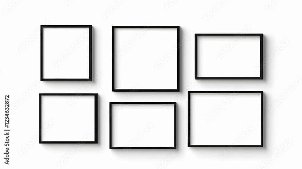Six empty square frames on white wall; interior design mockup Six empty square frames on white wall; interior design mockup