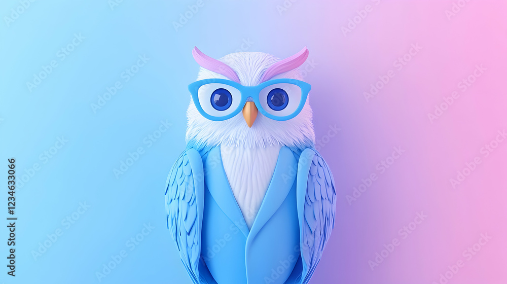 Obraz premium Smart owl in suit, pastel background, knowledge, education concept