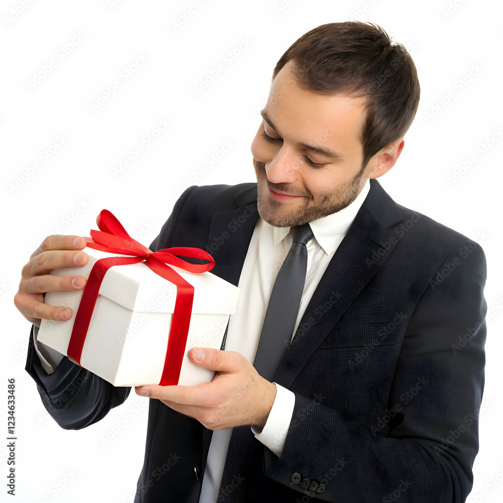 Happy businessman holding a beautifully wrapped white gift box with a red ribbon tie suit male image Happy businessman holding a beautifully wrapped white gift box with a red ribbon tie suit male image