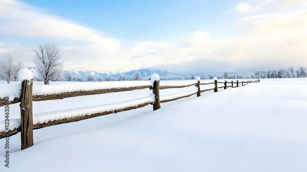 Snowy field, wooden fence, winter landscape, mountain background; ideal for calendar, postcard Snowy field, wooden fence, winter landscape, mountain background; ideal for calendar, postcard