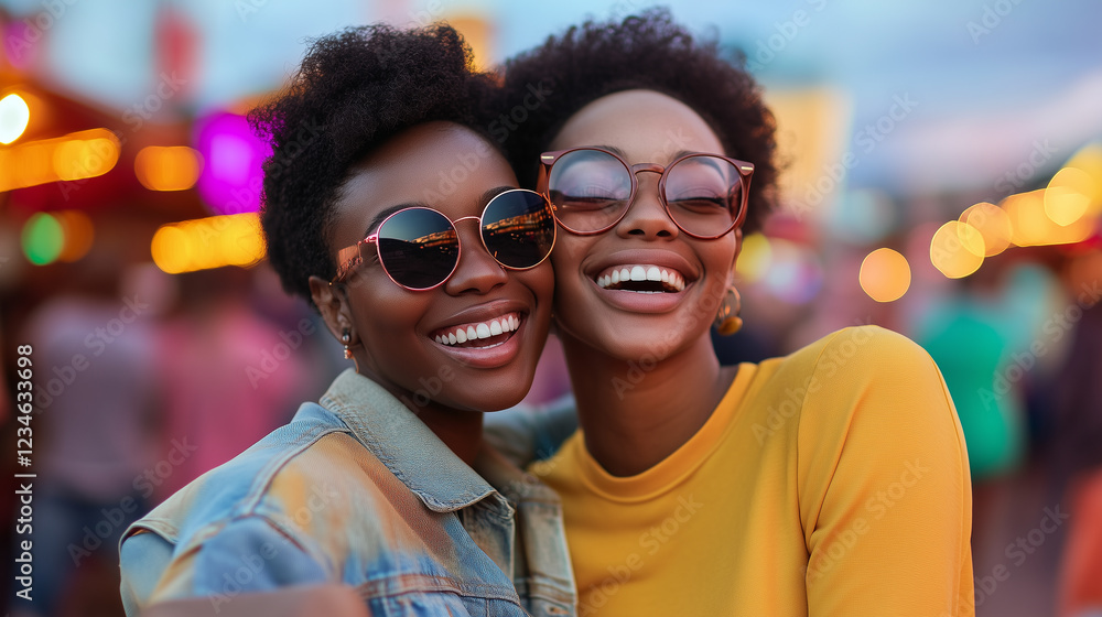 Two women smiling joyfully at vibrant outdoor festival, wearing sunglasses and casual clothing, surrounded by colorful lights. Two women smiling joyfully at vibrant outdoor festival, wearing sunglasses and casual clothing, surrounded by colorful lights.