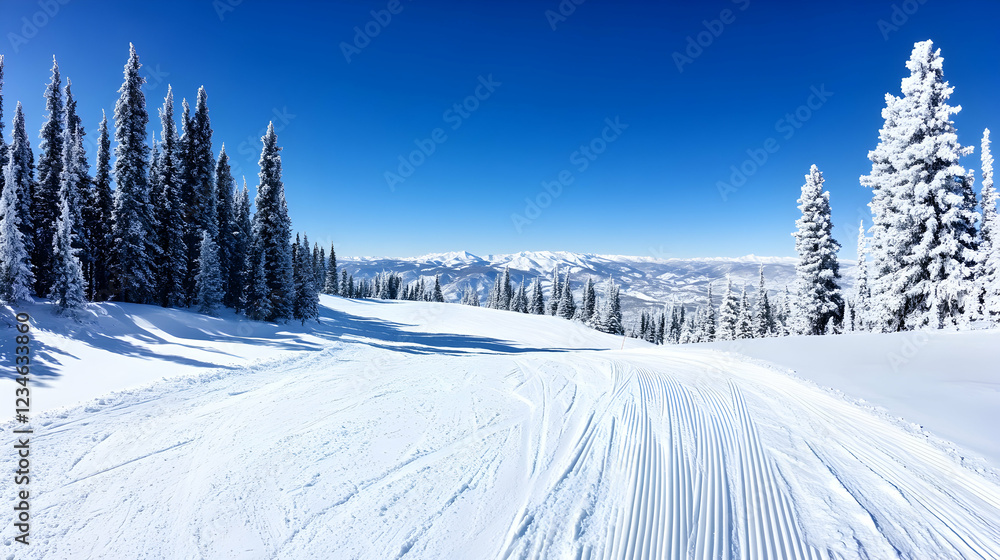 Snowy mountain slope, skiers' tracks, winter landscape, clear sky, scenic view, for travel brochures