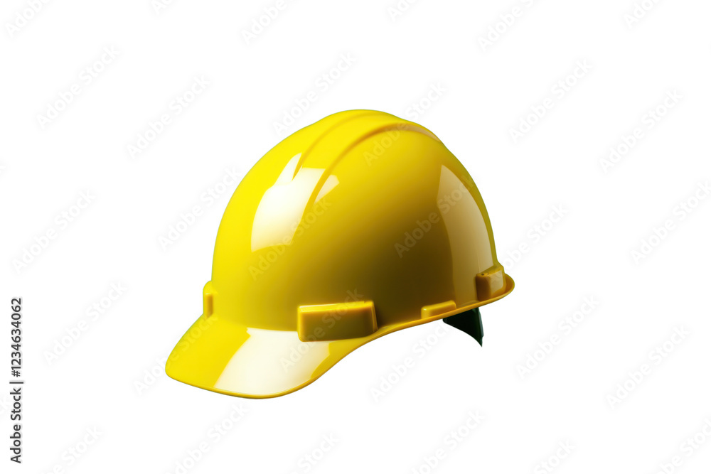 Fototapeta premium A bright yellow hard hat resting on a green backdrop, showcasing its smooth surface and sturdy design. The helmet is angled slightly to the side, emphasizing its shape and features.