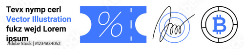 Percentage on a coupon, a digital signature, and a Bitcoin logo. Ideal for cryptocurrency, blockchain, fintech, online transactions, security discounts decentralized finance. Abstract line flat