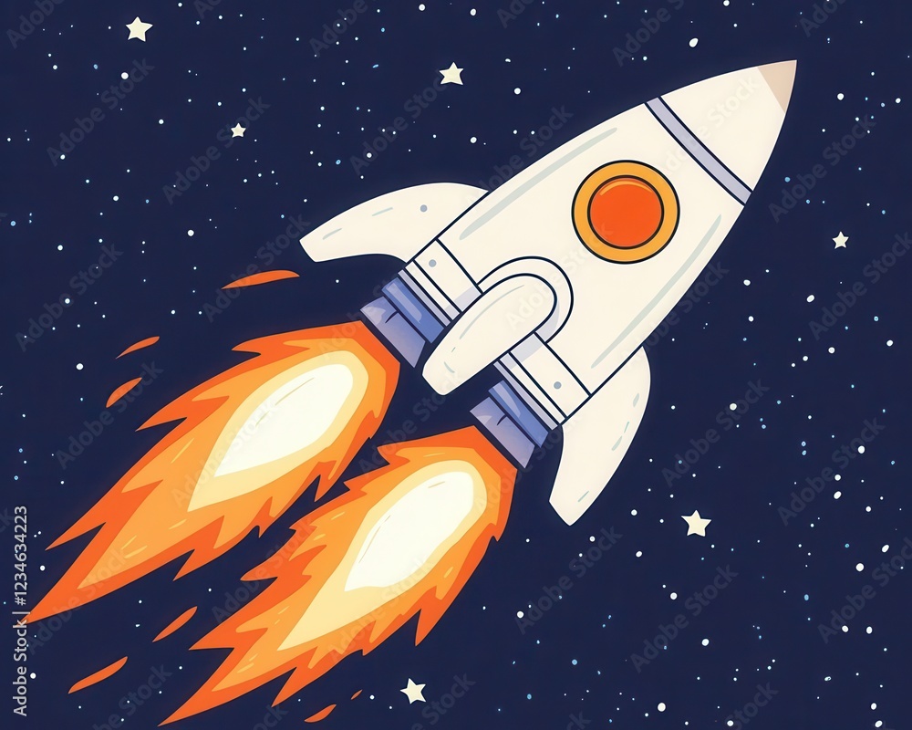 Cartoon Spaceship Rocket Launching into Space with Bright Flames and Stars Background Cartoon Spaceship Rocket Launching into Space with Bright Flames and Stars Background