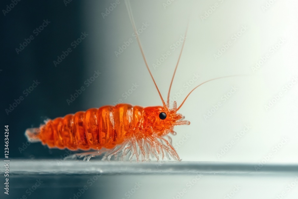 Translucent red-pink Antarctic krill showcasing delicate features against a white background Translucent red-pink Antarctic krill showcasing delicate features against a white background