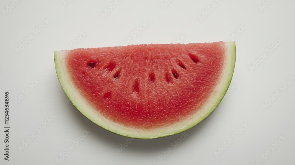 Close up view of a single slice of red watermelon on a white background. The watermelon is juicy and fresh, showing its seeds and rind Close up view of a single slice of red watermelon on a white background. The watermelon is juicy and fresh, showing its seeds and rind
