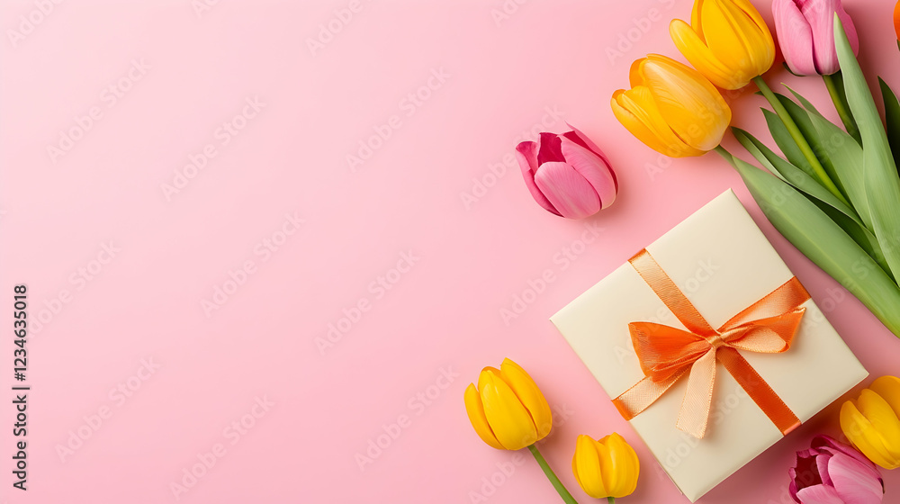 Spring tulips, gift box, pink background, Mother's Day greeting card Spring tulips, gift box, pink background, Mother's Day greeting card
